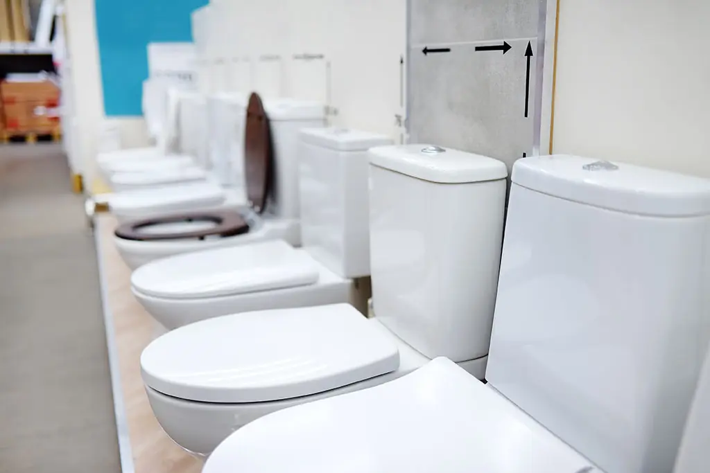 Toilets on display in a plumbing supply shop
